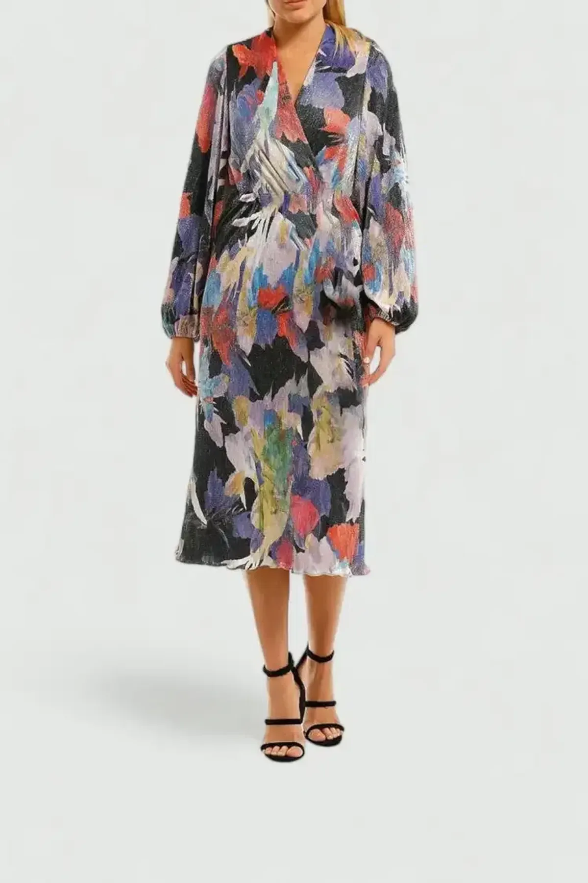 Rebecca Vallance Belladonna LS Midi Dress Print Multi Print Size 10 for rent on The Volte - main image