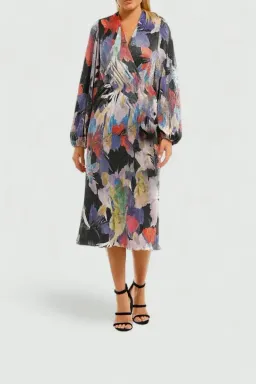 Rebecca Vallance Belladonna LS Midi Dress Print Multi Print Size 10 for rent on The Volte - image 1