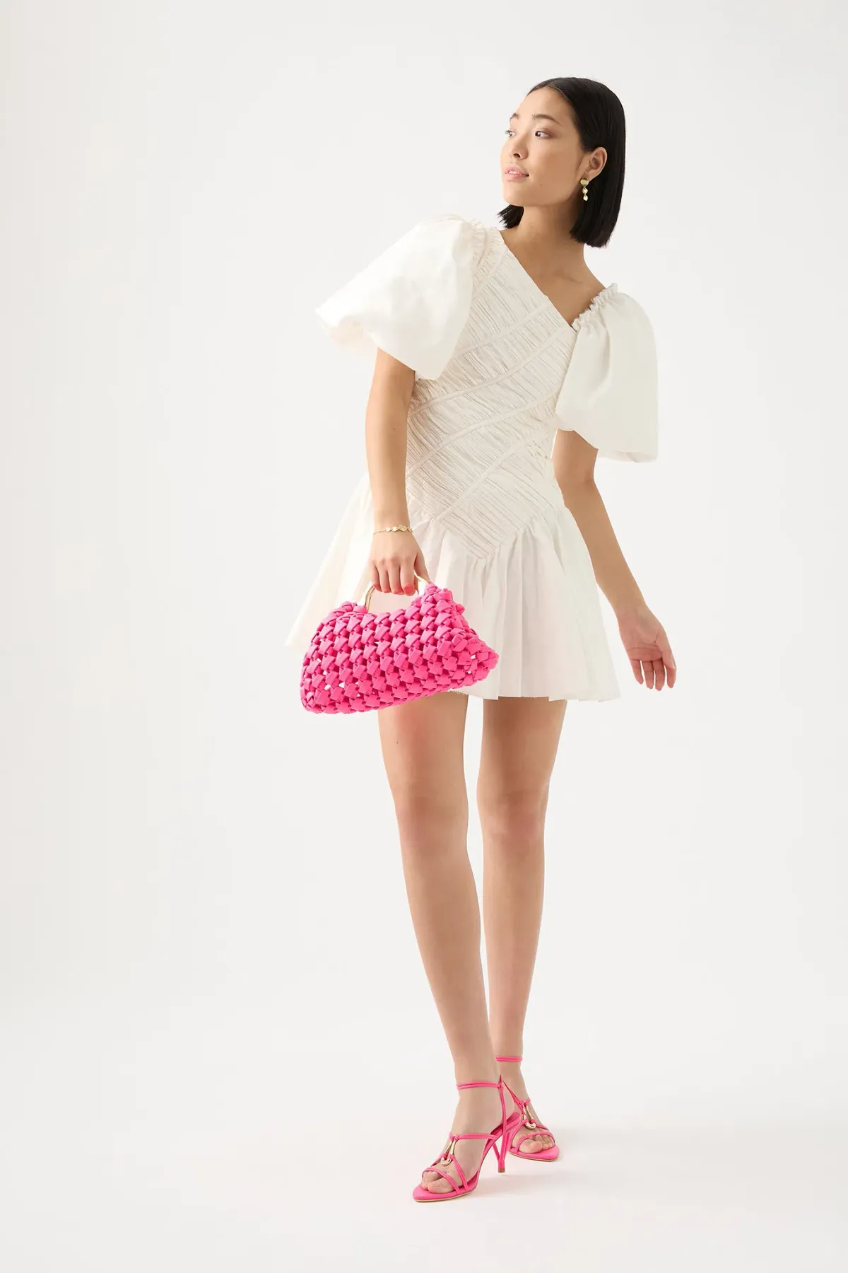 Aje Dawn Drawstring Mini hens Dress in white Ivory Size S / AU 8	 for rent on The Volte - main image