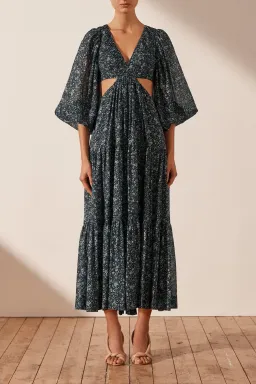 Shona Joy Denise Pin Tuck Cut Out Balloon Sleeve Midi Dress Floral Size 10 for rent on The Volte - image 1