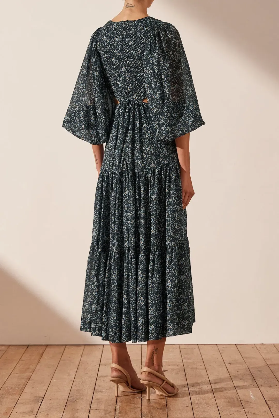 Shona Joy Denise Pin Tuck Cut Out Balloon Sleeve Midi Dress Floral Size 10 for rent on The Volte - main image