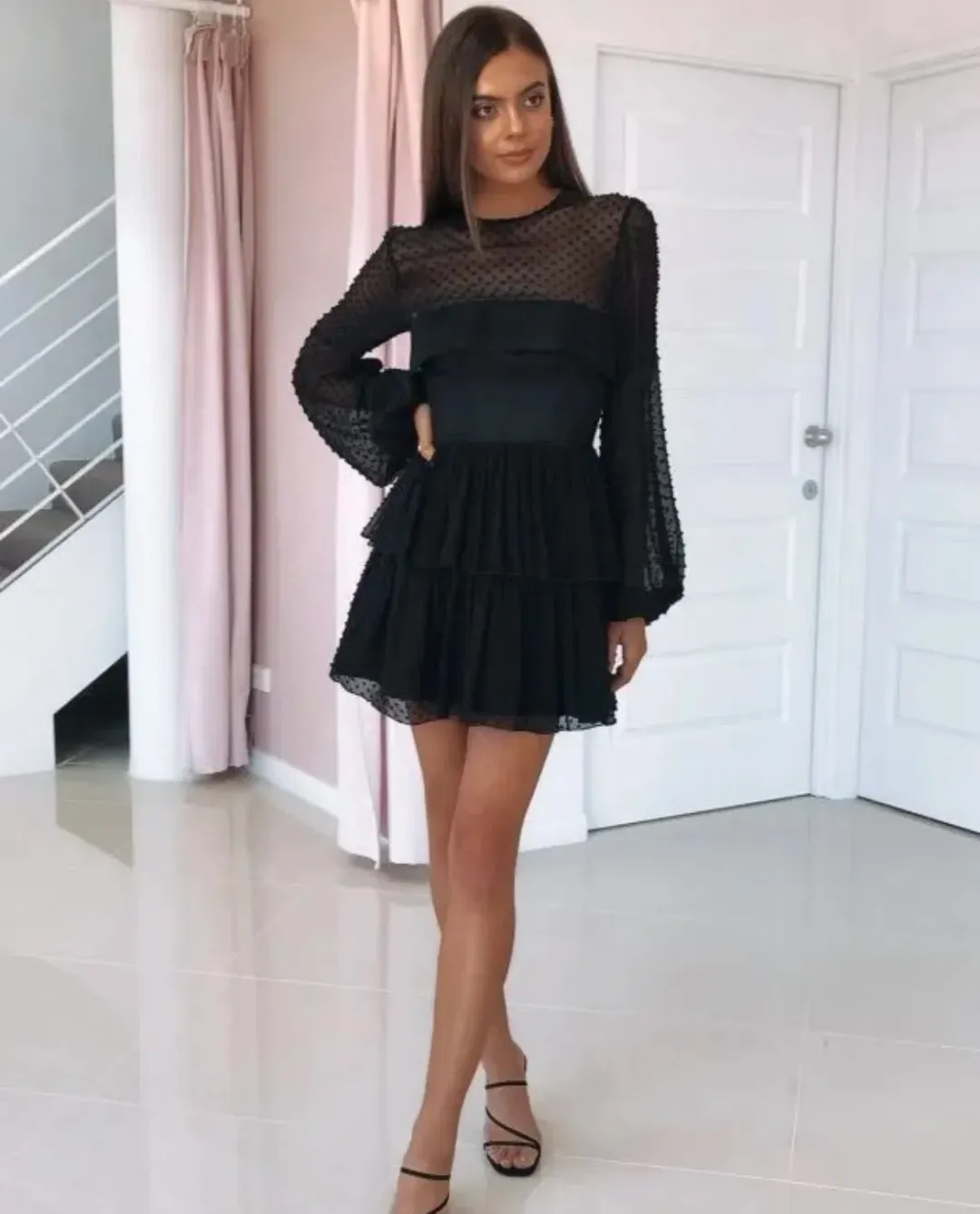 Alex Perry Valerie Bell Sleeve Ruffle Mini Dress Black Size 6 for rent on The Volte - main image