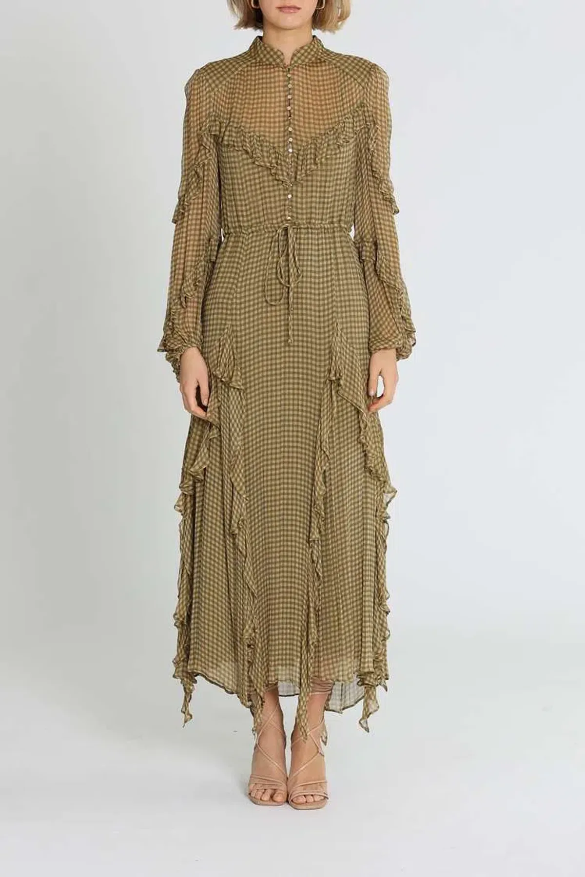 Shona Joy Eleonora Drawstring Frill Midi Dress Olive Khaki Print Size 10 for rent on The Volte - main image