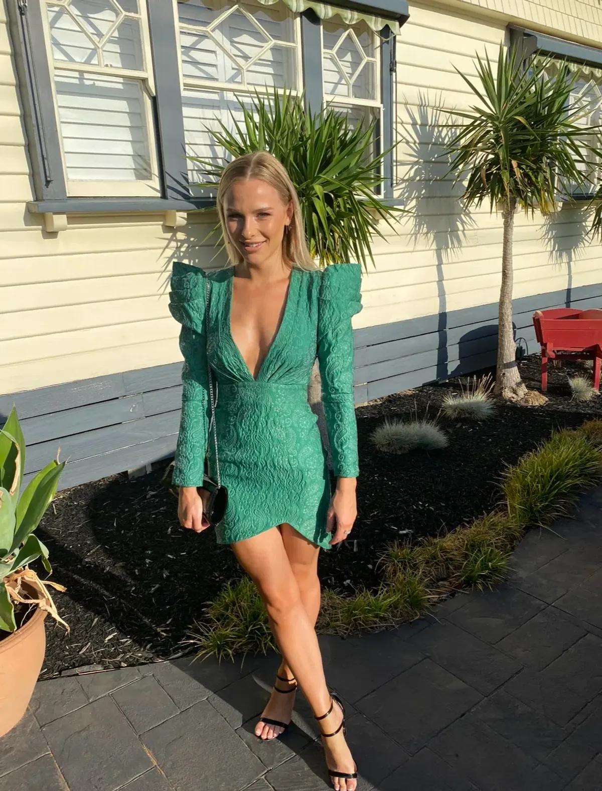 Nicola Finetti V Neck Puff Sleeve Mini Dress in Emerald Size 6 for rent on The Volte - main image