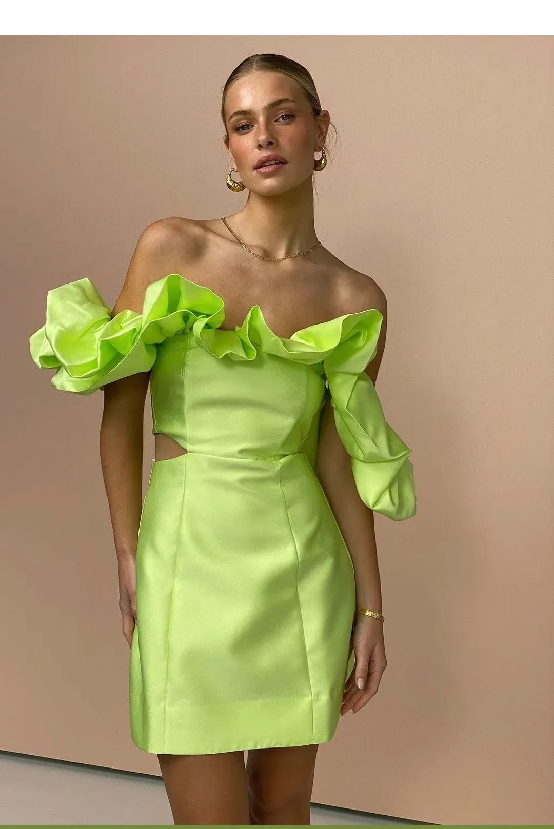 Alemais Suzi Off Shoulder Mini Dress Chartreuse Size 8 for rent on The Volte - main image