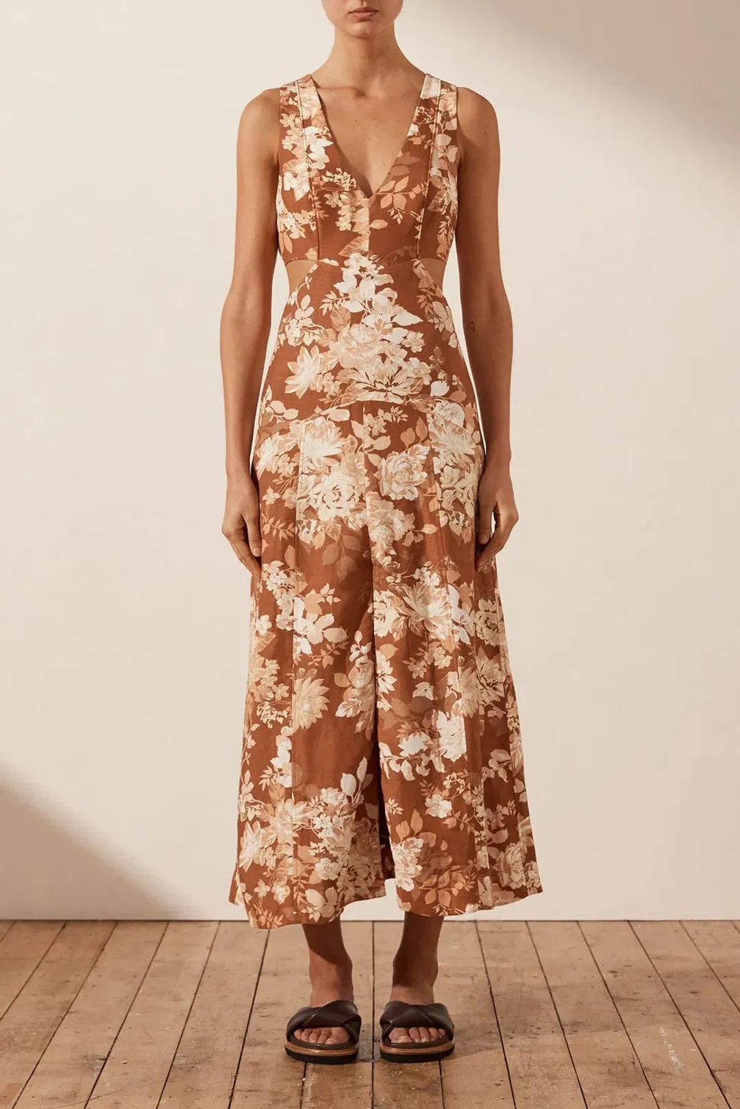 Shona Joy Capucine Linen Panelled Flare Midi Dress Floral Size 6 for rent on The Volte - main image