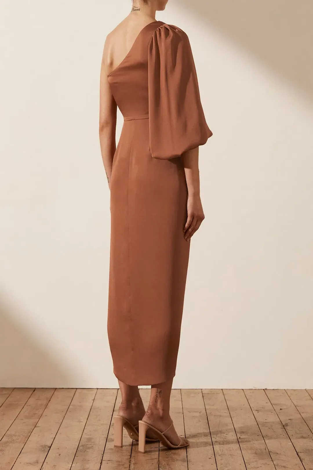 Shona Joy Luxe Tie Front One Shoulder Midi Dress in Mocha Size XS / AU 6 for rent on The Volte - main image