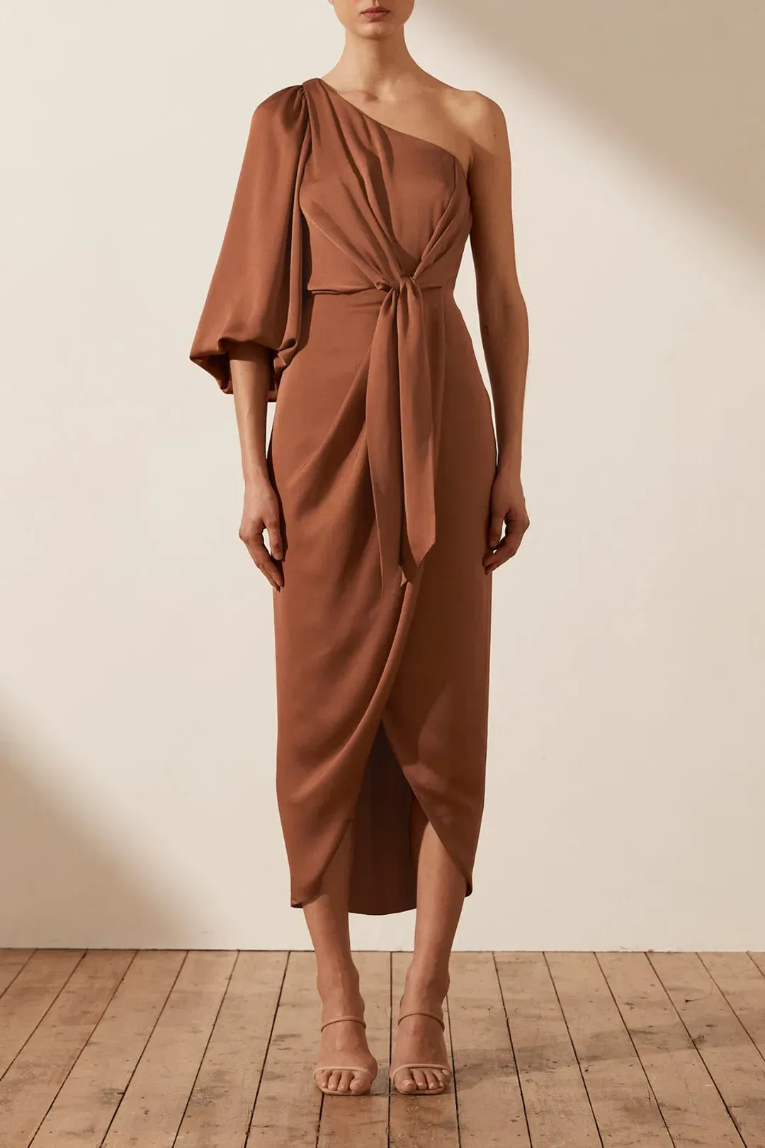 Shona Joy Luxe Tie Front One Shoulder Midi Dress in Mocha Size XS / AU 6 for rent on The Volte - main image