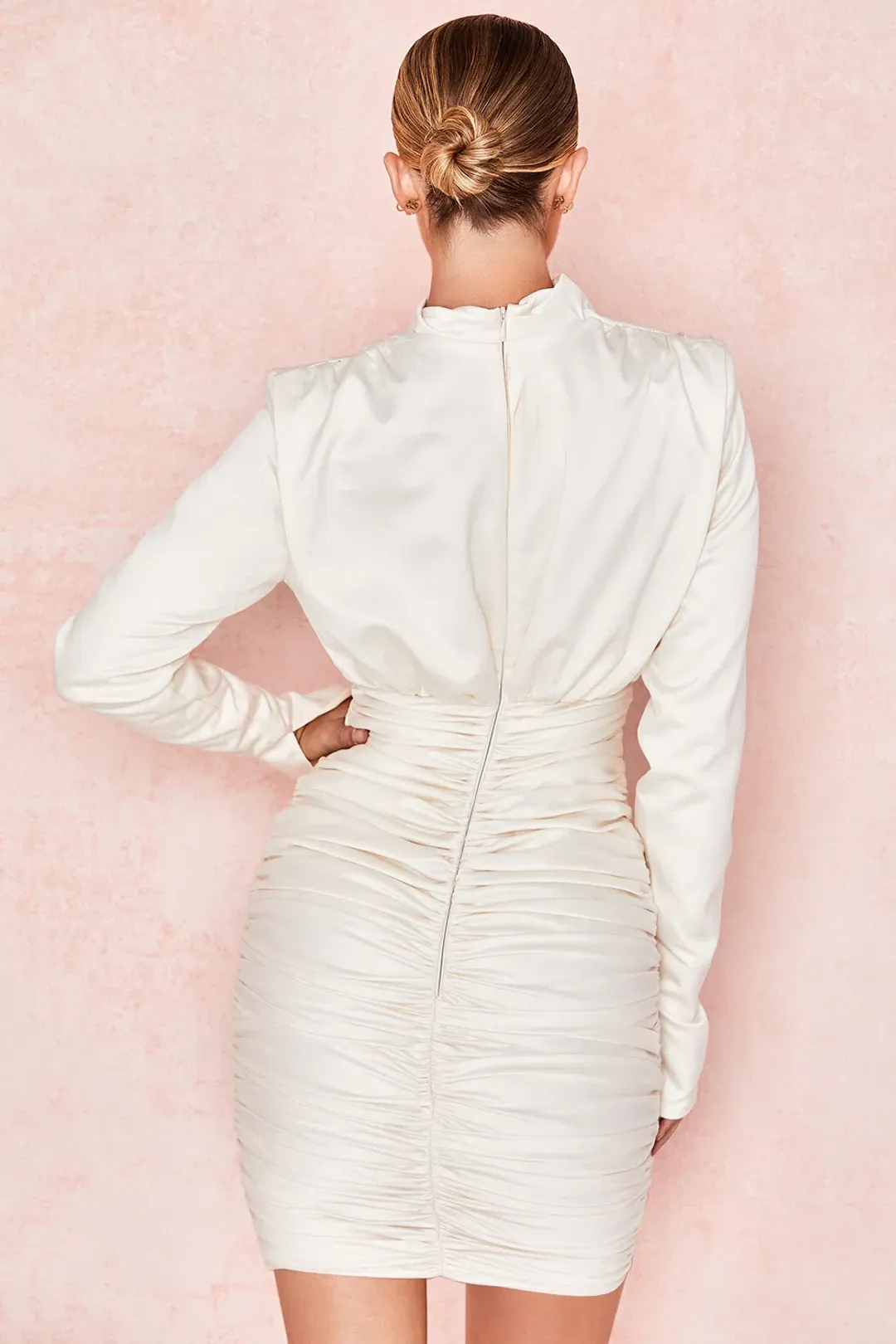 House of CB Giorgiana Satin Draped Mini Dress in Ivory Size L / AU 12 for rent on The Volte - main image