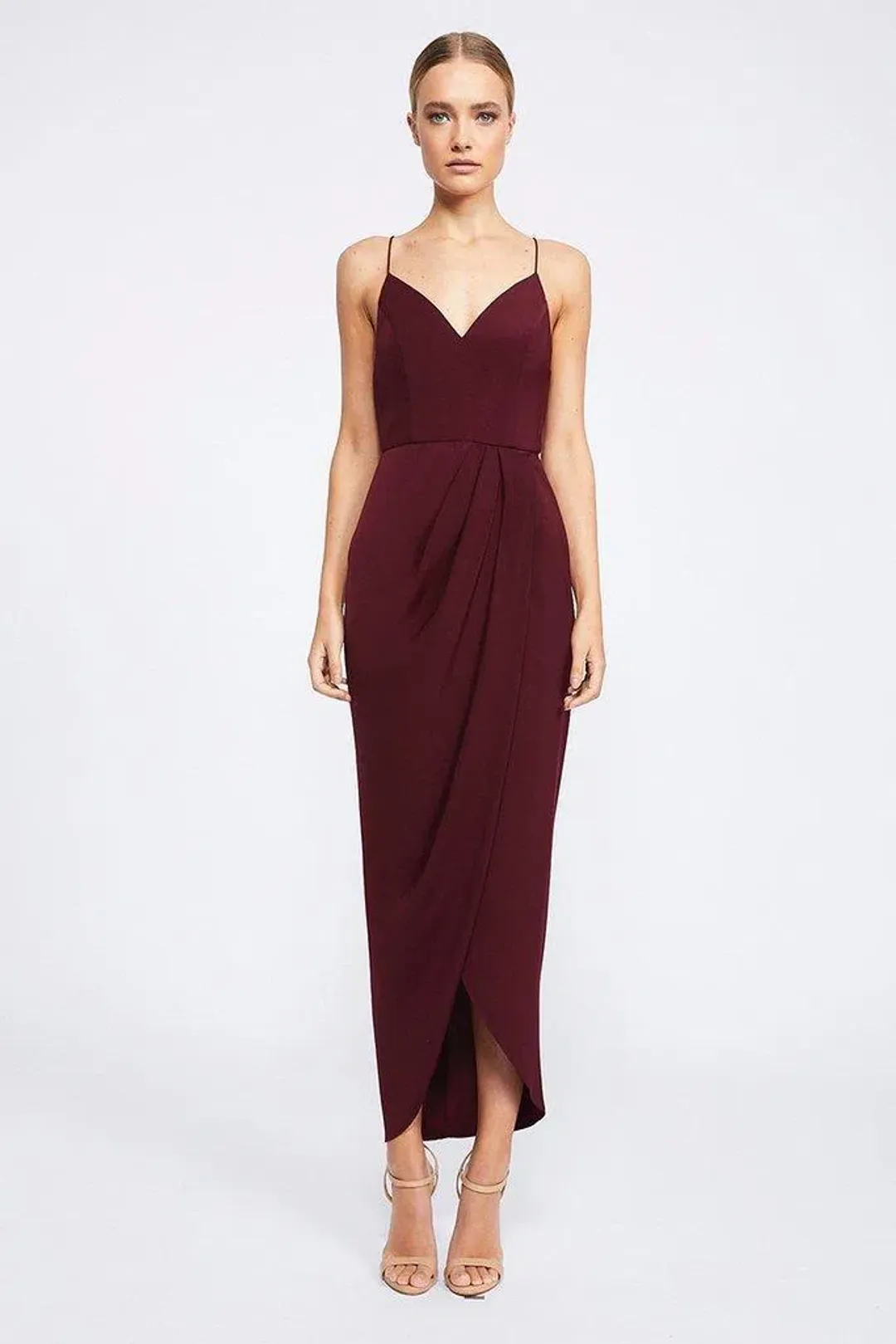 Shona Joy Core Cocktail Draped Maxi Dress Burgundy Size 14 for rent on The Volte - main image