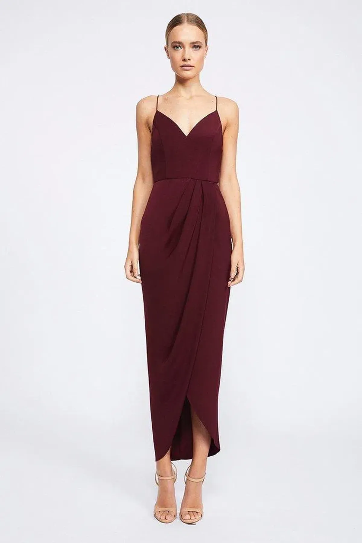 Shona Joy Core Cocktail Draped Maxi Dress Burgundy Size 14 for rent on The Volte - main image