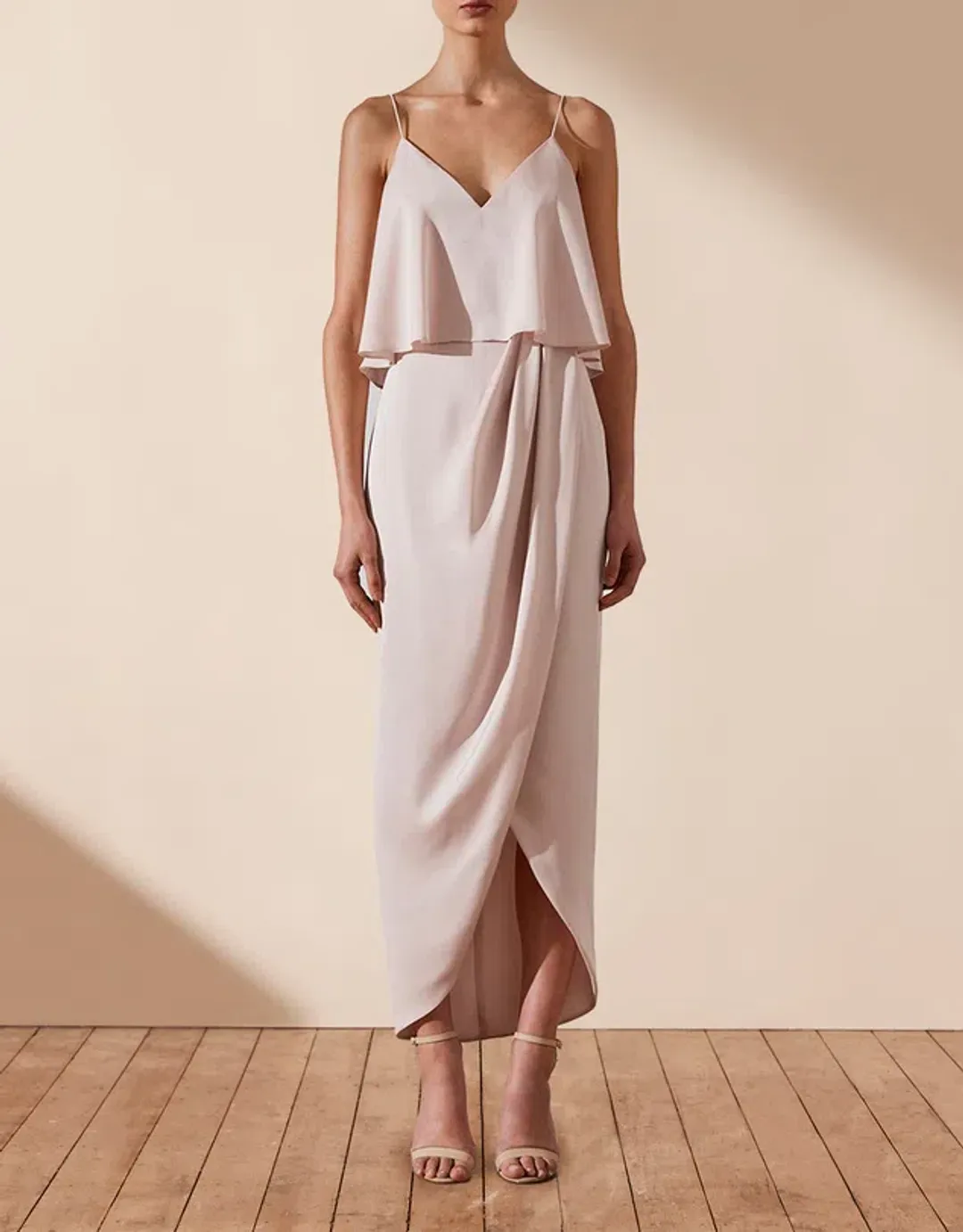 Shona Joy Luxe Draped Cocktail Frill Dress Porcelain Size 16 for rent on The Volte - main image