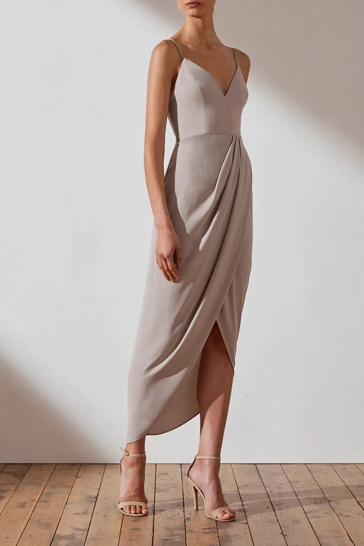 Shona Joy Core Cocktail Draped Maxi Dress Oyster Size 14 for rent on The Volte - main image