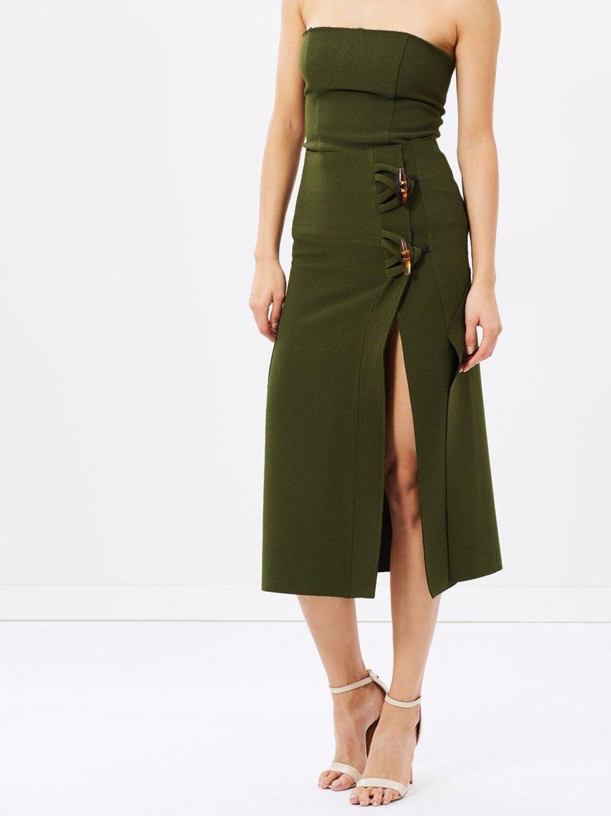 Christopher Esber Dual Knot Resin Dress Khaki Size 6 for rent on The Volte - main image