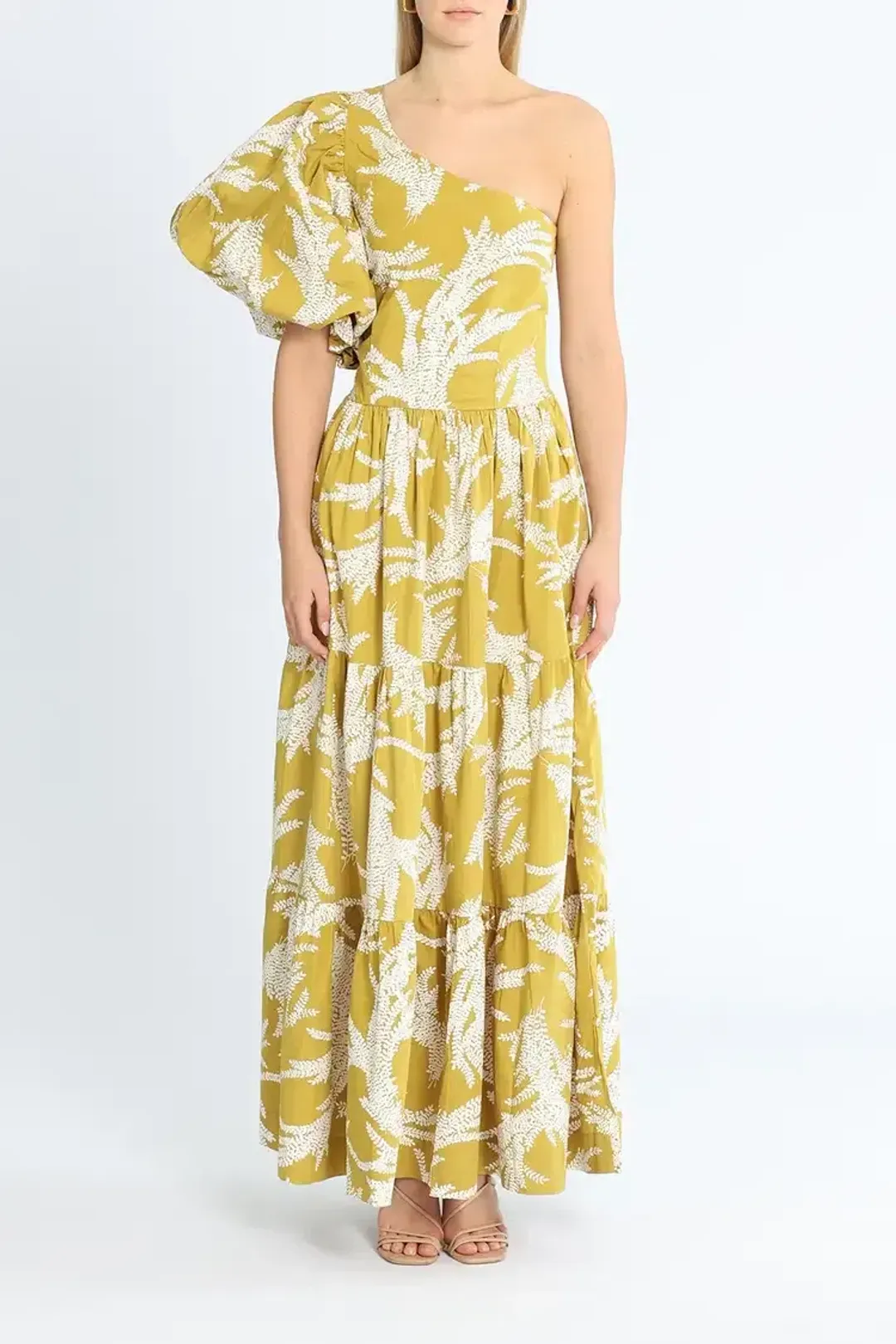 SWF Puff Sleeve Maxi Dress Khaki Print Size 12 for rent on The Volte - main image