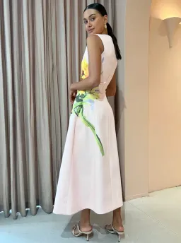 Leo Lin Cleo Sleeveless Midi Dress Sunflower Print in Pink Size 14 for rent on The Volte - image 4