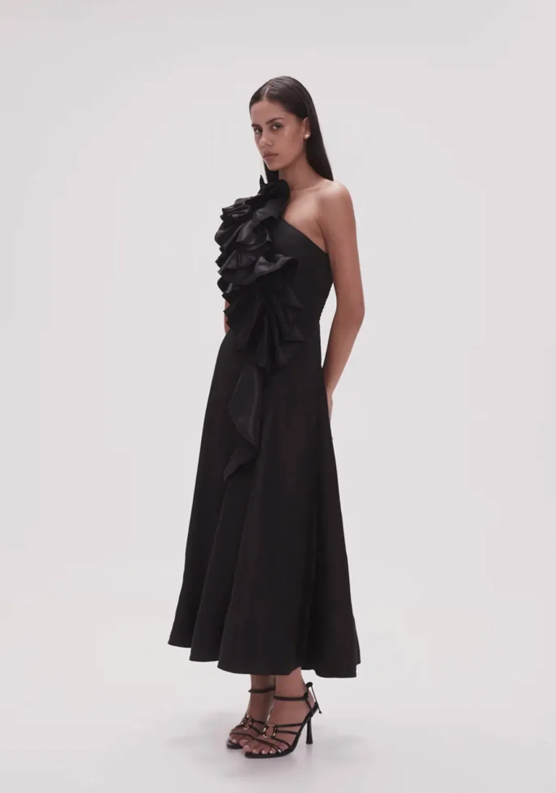 Aje Adelia Ruffle Midi Dress Black Size 8 for rent on The Volte - main image