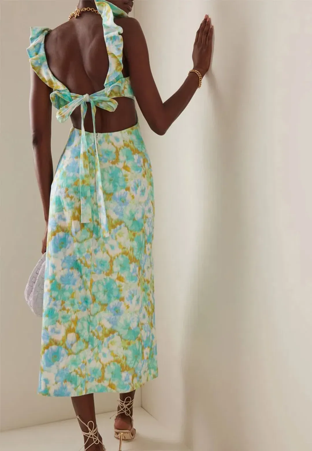 Zimmermann High Tide Frilled Midi Dress Aqua Ikat Floral Size 1 / AU 10 for rent on The Volte - main image