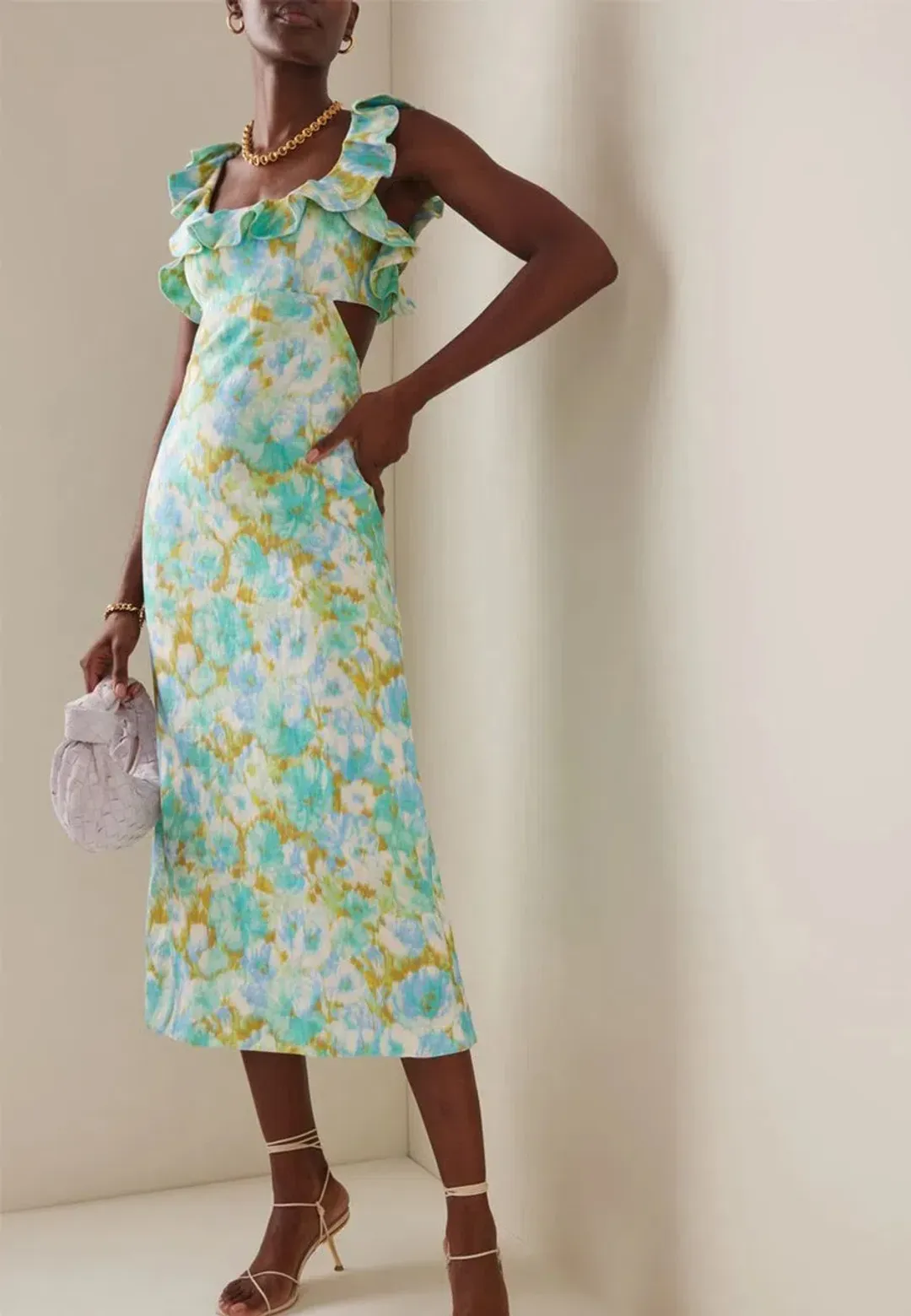 Zimmermann High Tide Frilled Midi Dress Aqua Ikat Floral Size 1 / AU 10 for rent on The Volte - main image