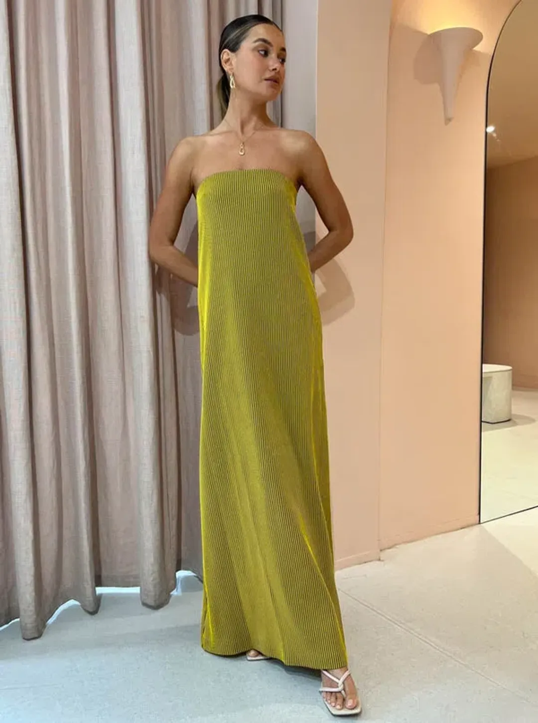 Camilla And Marc Izaro Maxi Dress Strapless In Yellow/Brown Size AU 6 for rent on The Volte - main image
