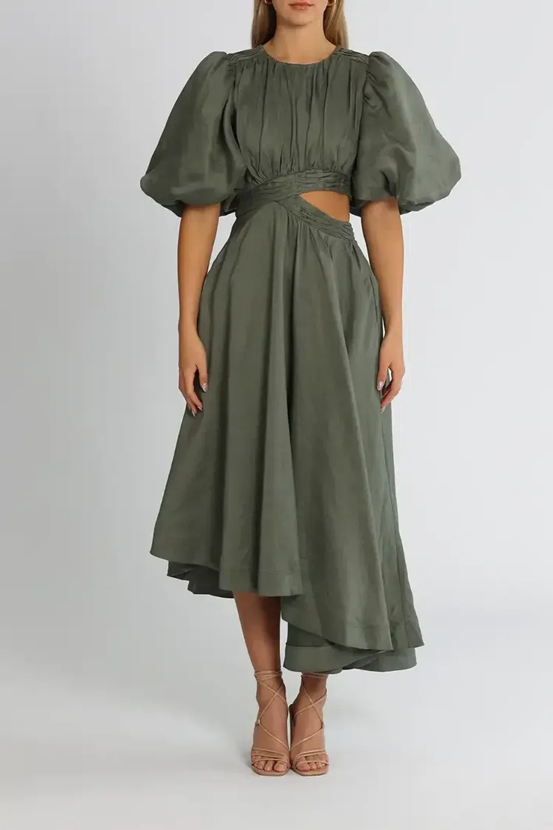 Aje Tidal Tucked Cut Out Midi Dress in Oakmoss Size 6 for rent on The Volte - main image