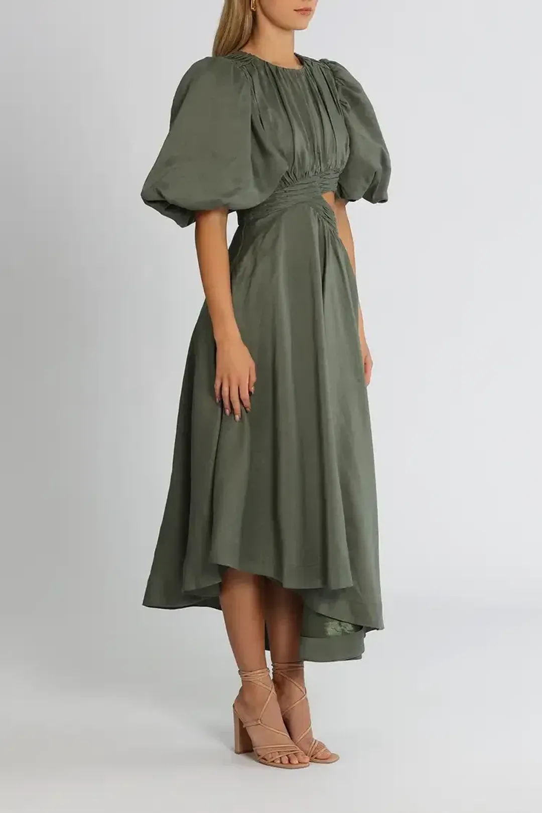Aje Tidal Tucked Cut Out Midi Dress in Oakmoss Size 6 for rent on The Volte - main image
