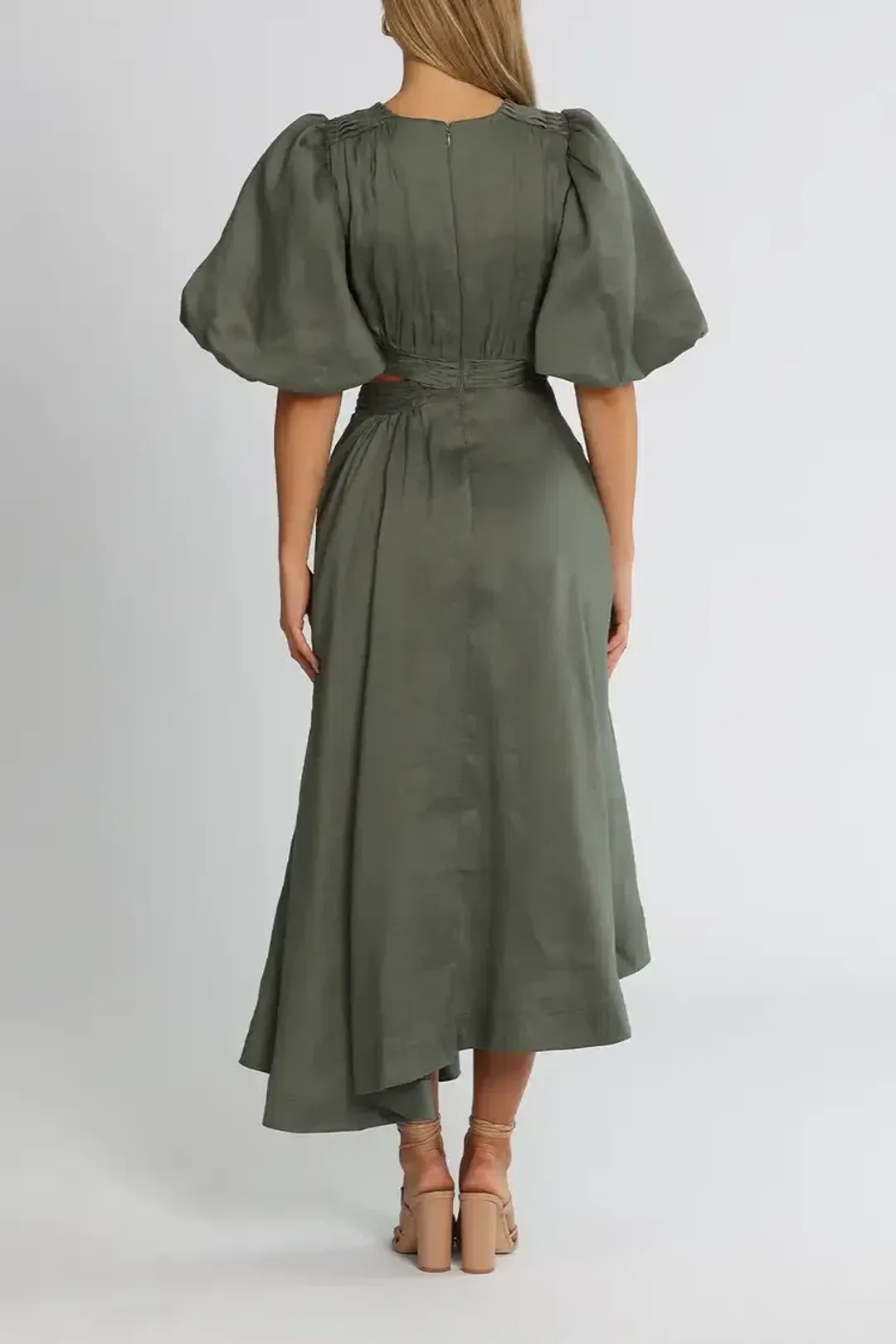 Aje Tidal Tucked Cut Out Midi Dress in Oakmoss Size 6 for rent on The Volte - main image