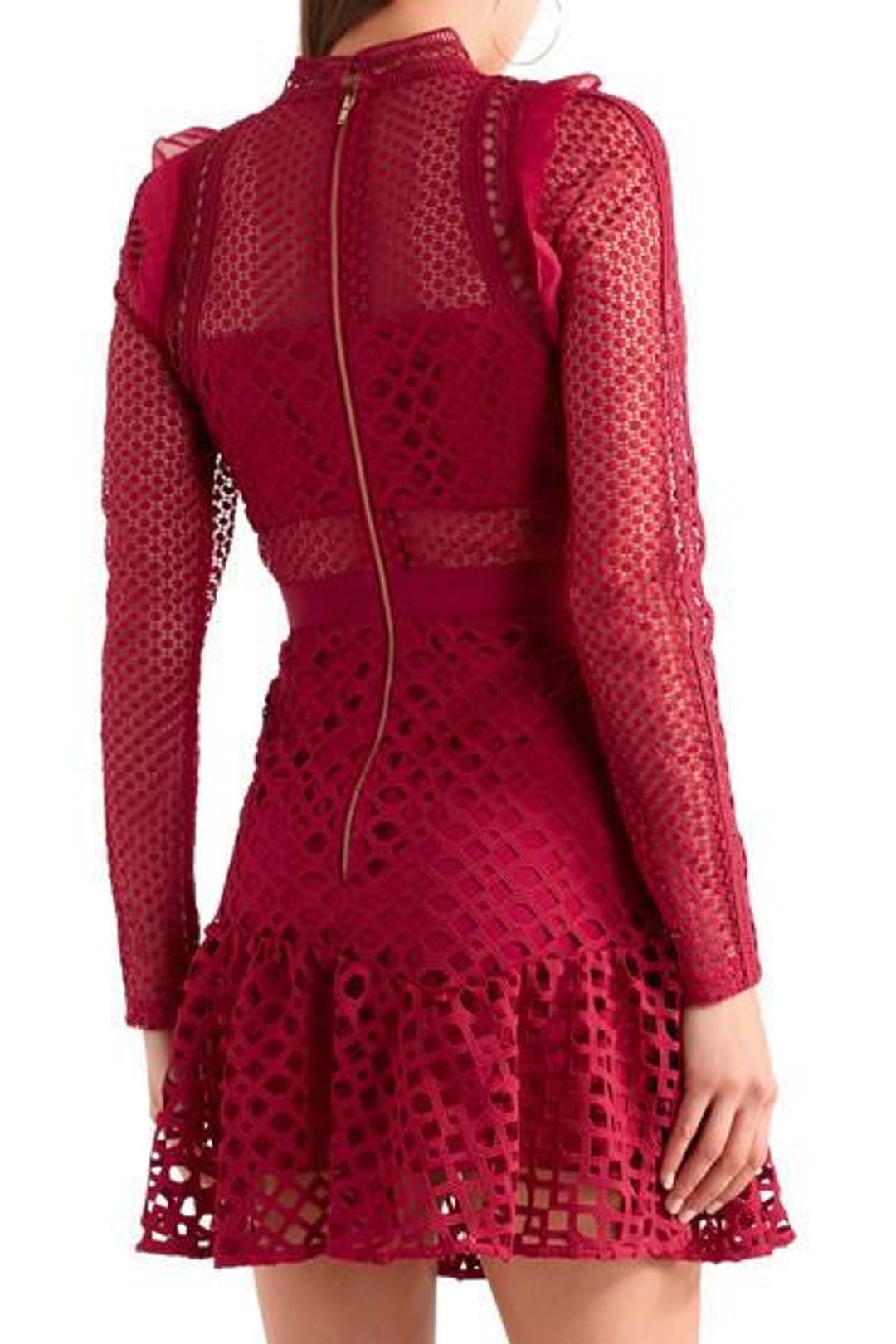 Self Portrait Ruffled Georgette-Trimmed Guipure Lace Mini Dress for rent on The Volte - main image