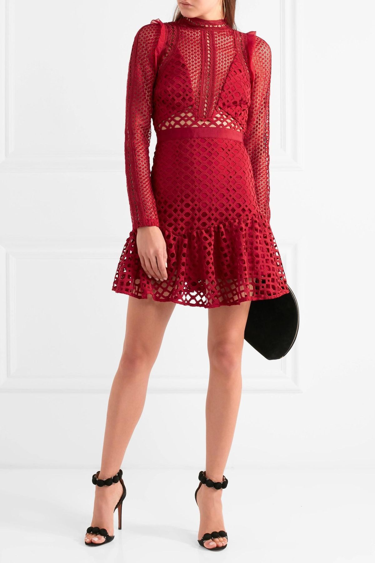 Self Portrait Ruffled Georgette-Trimmed Guipure Lace Mini Dress for rent on The Volte - main image