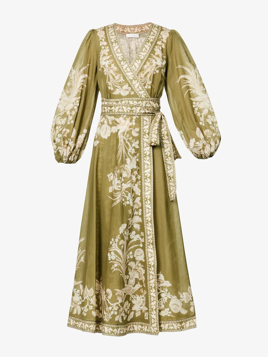 Zimmermann Anneke Floral Print Cotton Voile Wrap Midi Dress in Army Green Size 0/AU 8 for rent on The Volte - main image