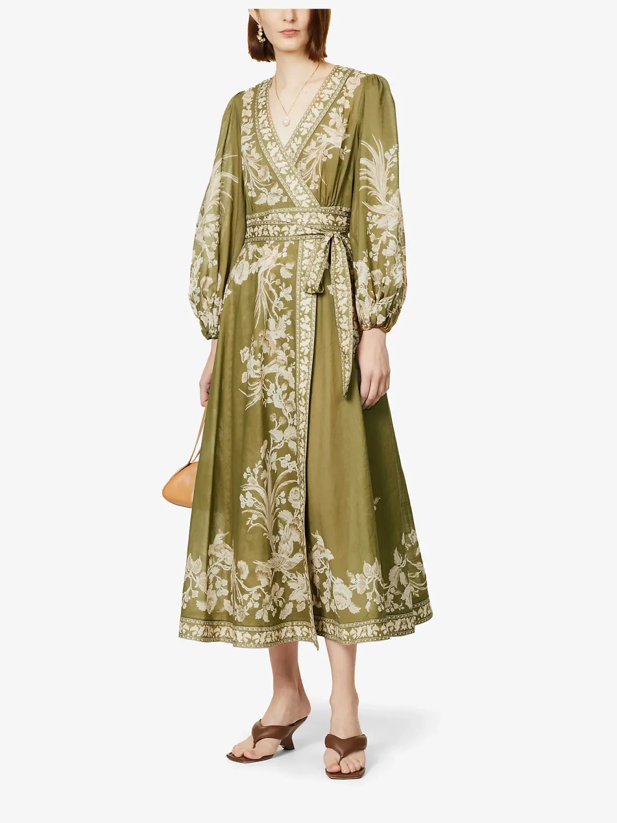 Zimmermann Anneke Floral Print Cotton Voile Wrap Midi Dress in Army Green Size 0/AU 8 for rent on The Volte - main image