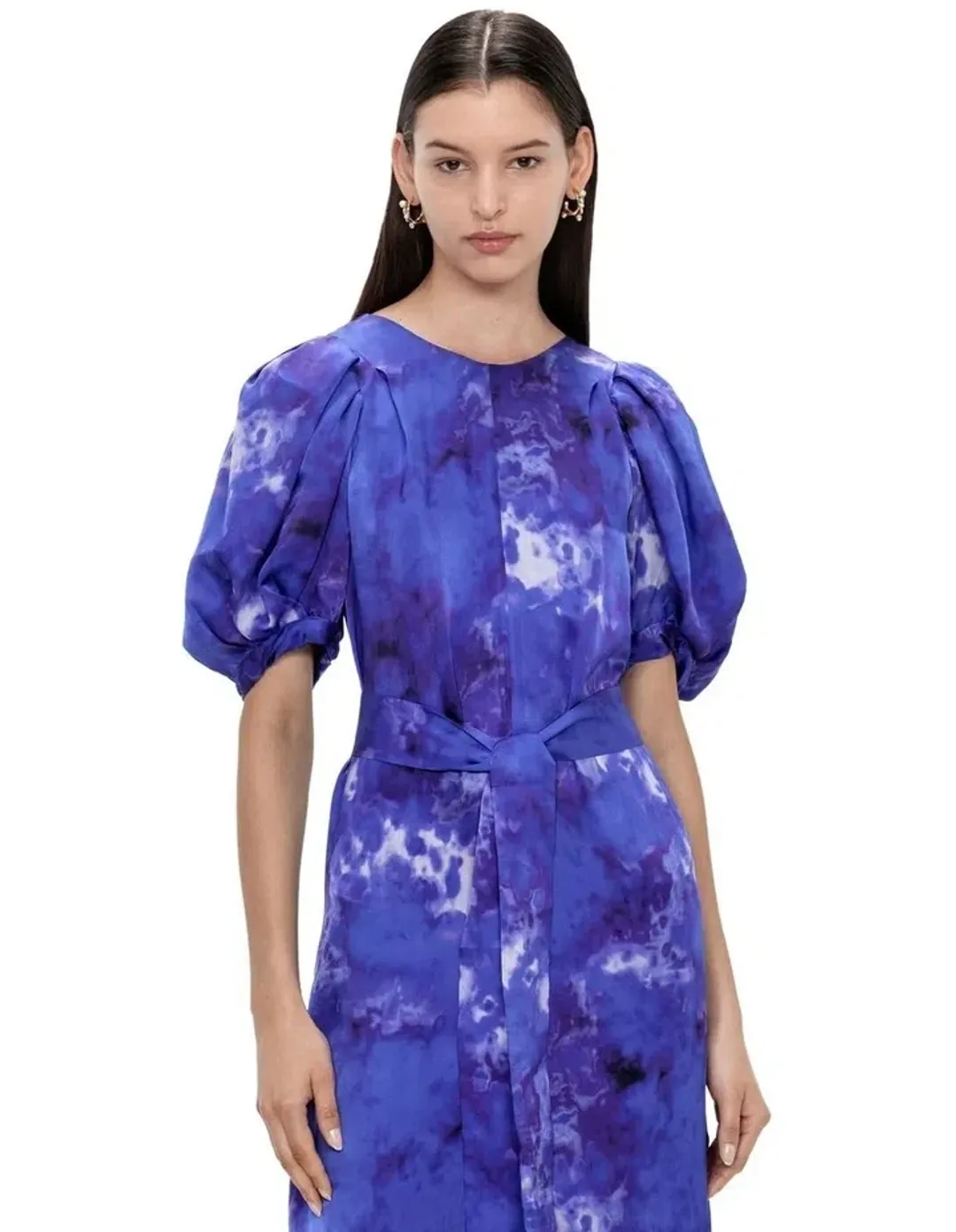 Veronika Maine Clouded Satin Midi Dress Blue Jewel Size 8 for rent on The Volte - main image