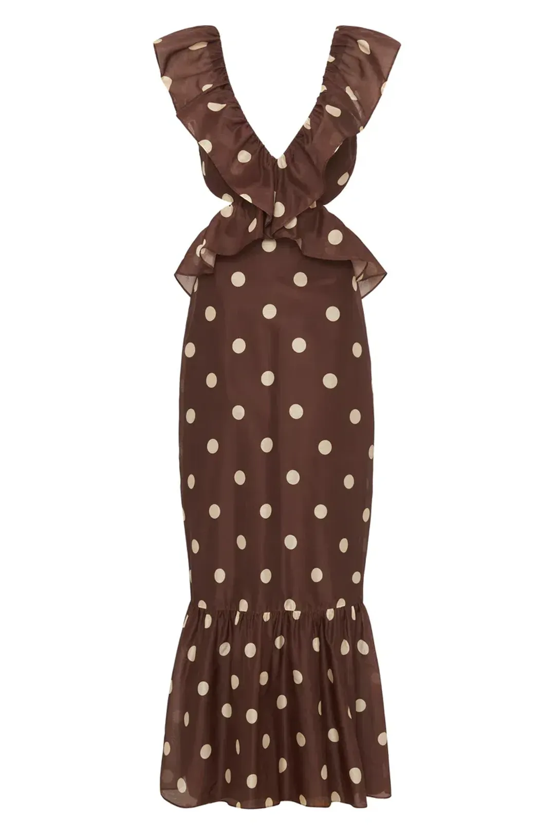 Sir the Label Vivi Frill Maxi Dress in Marlon Polka Dot Brown Size AU 8 for rent on The Volte - main image