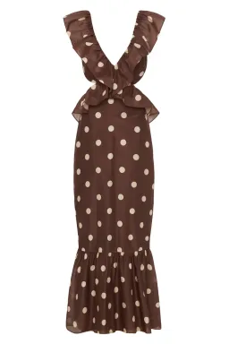 Sir the Label Vivi Frill Maxi Dress in Marlon Polka Dot Brown Size AU 8 for rent on The Volte - image 3