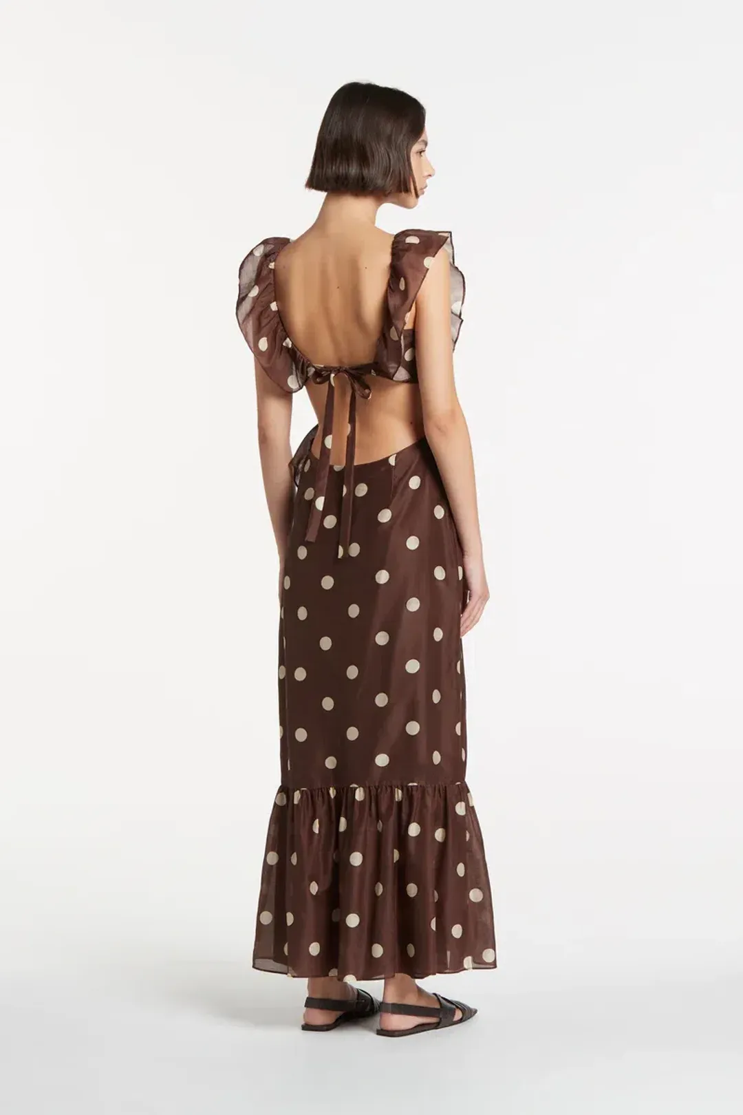 Sir the Label Vivi Frill Maxi Dress in Marlon Polka Dot Brown Size AU 8 for rent on The Volte - main image