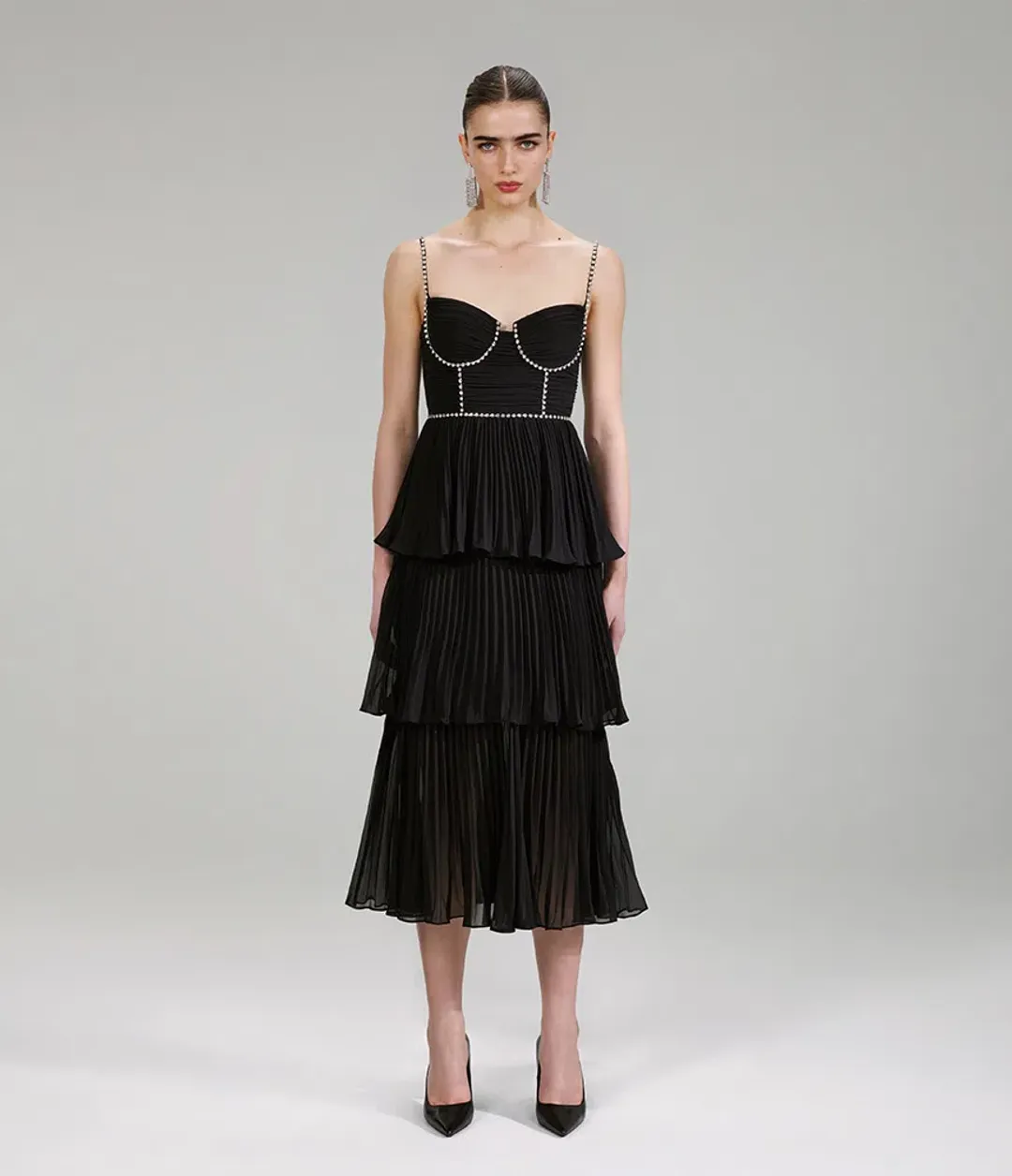 Self Portrait Embellished Pleated Midi Dress Black Size 8 for rent on The Volte - main image