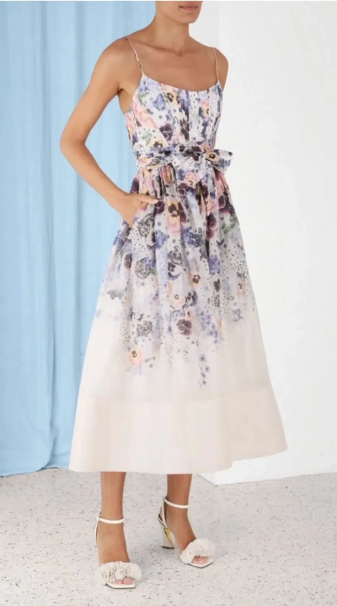 Zimmermann Tama Corset Midi Dress Purple Pansy Floral Print Size 2 / 12 AU for rent on The Volte - main image