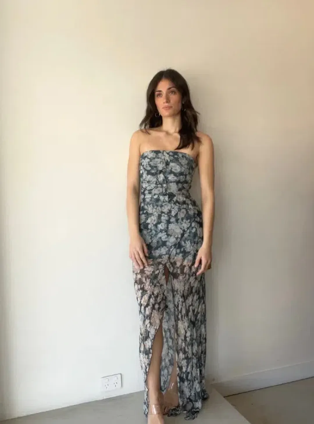 Bec & Bridge Opal Strapless Frill Ruffle Maxi Dress Denim Floral Size 6 for rent on The Volte - main image