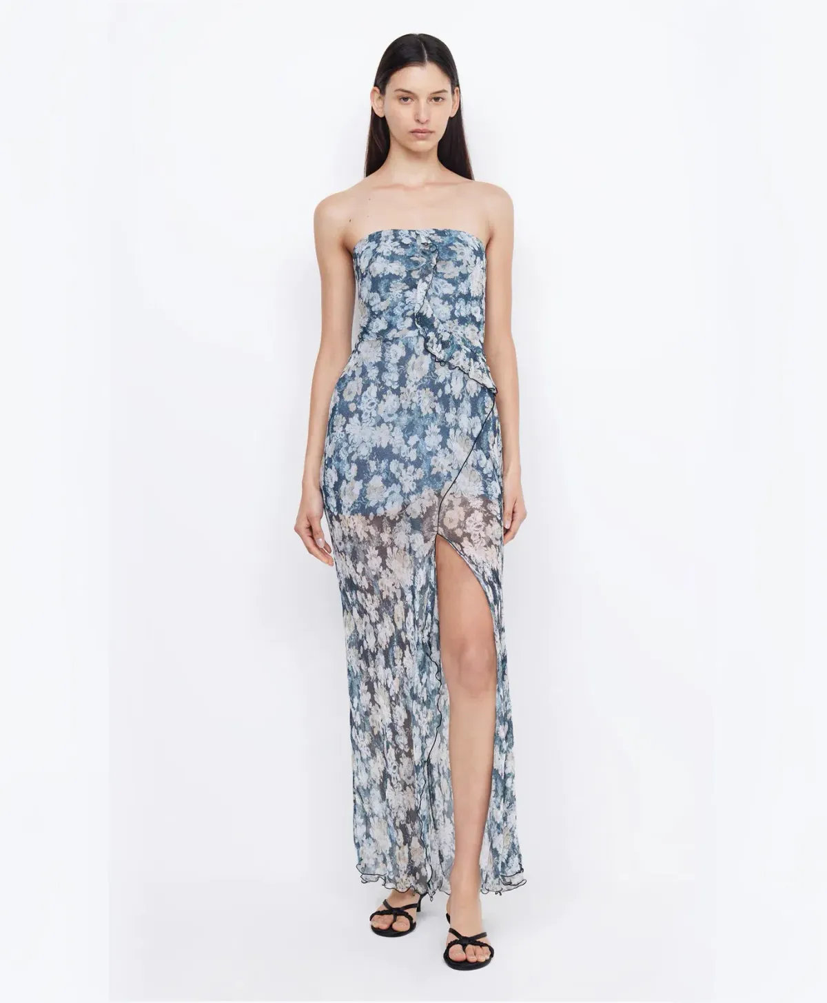 Bec & Bridge Opal Strapless Frill Ruffle Maxi Dress Denim Floral Size 6 for rent on The Volte - main image