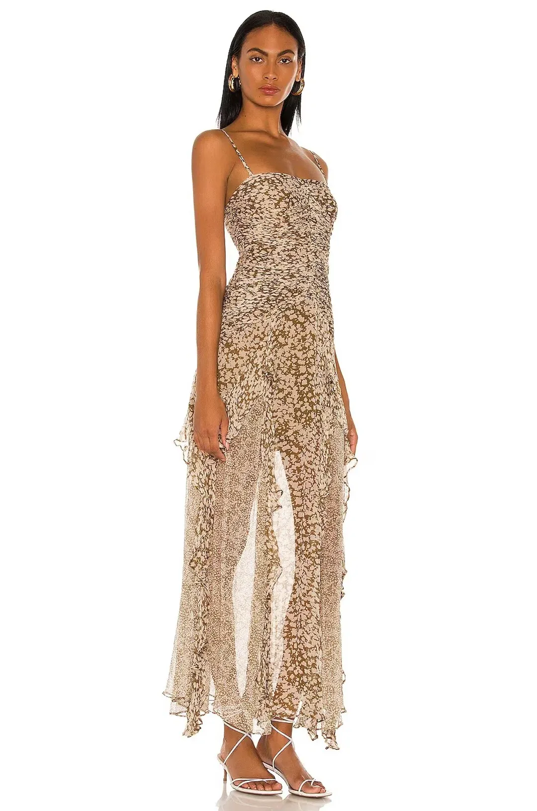 Shona Joy Claudette Ruched Frill Midi Dress Olive/Cream Print Size 8 for rent on The Volte - main image