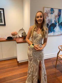 Bariano ELLE STRAPLESS PATTERN SEQUIN GOWN Champagne Size 12  for rent on The Volte - image 1