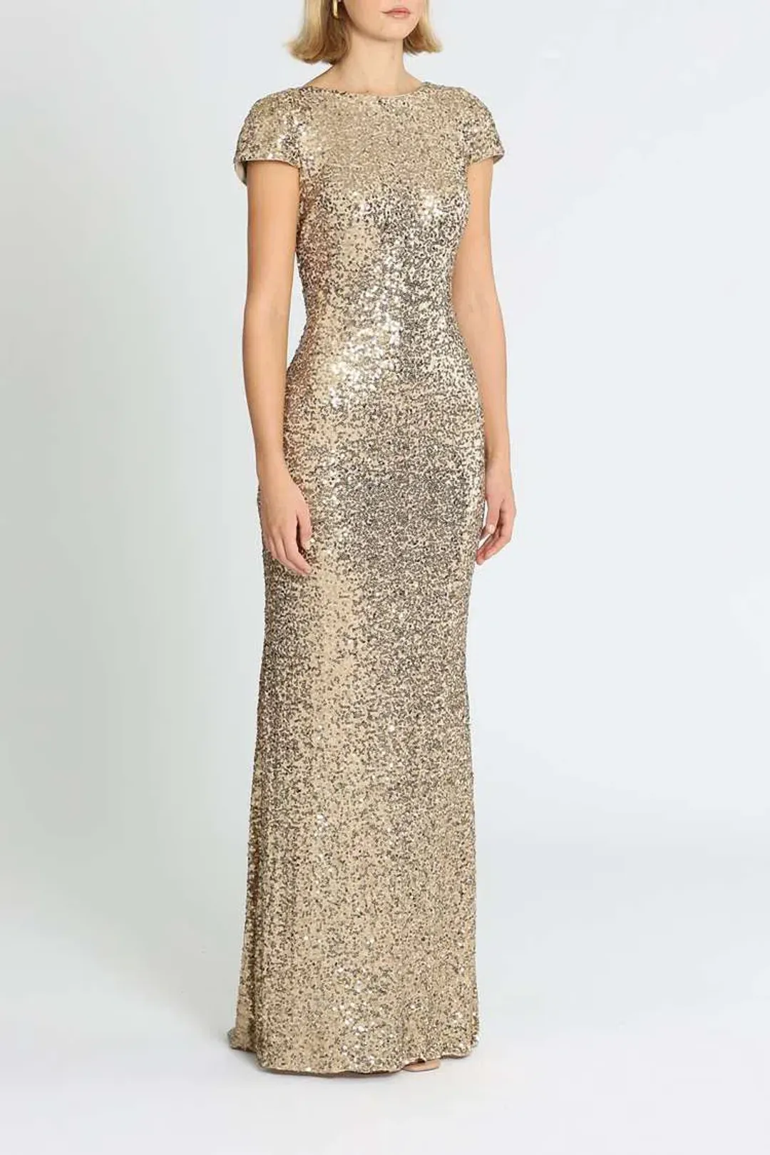 Badgley Mischka Sequin Cowl Back Gown Gold Size 8 for rent on The Volte - main image
