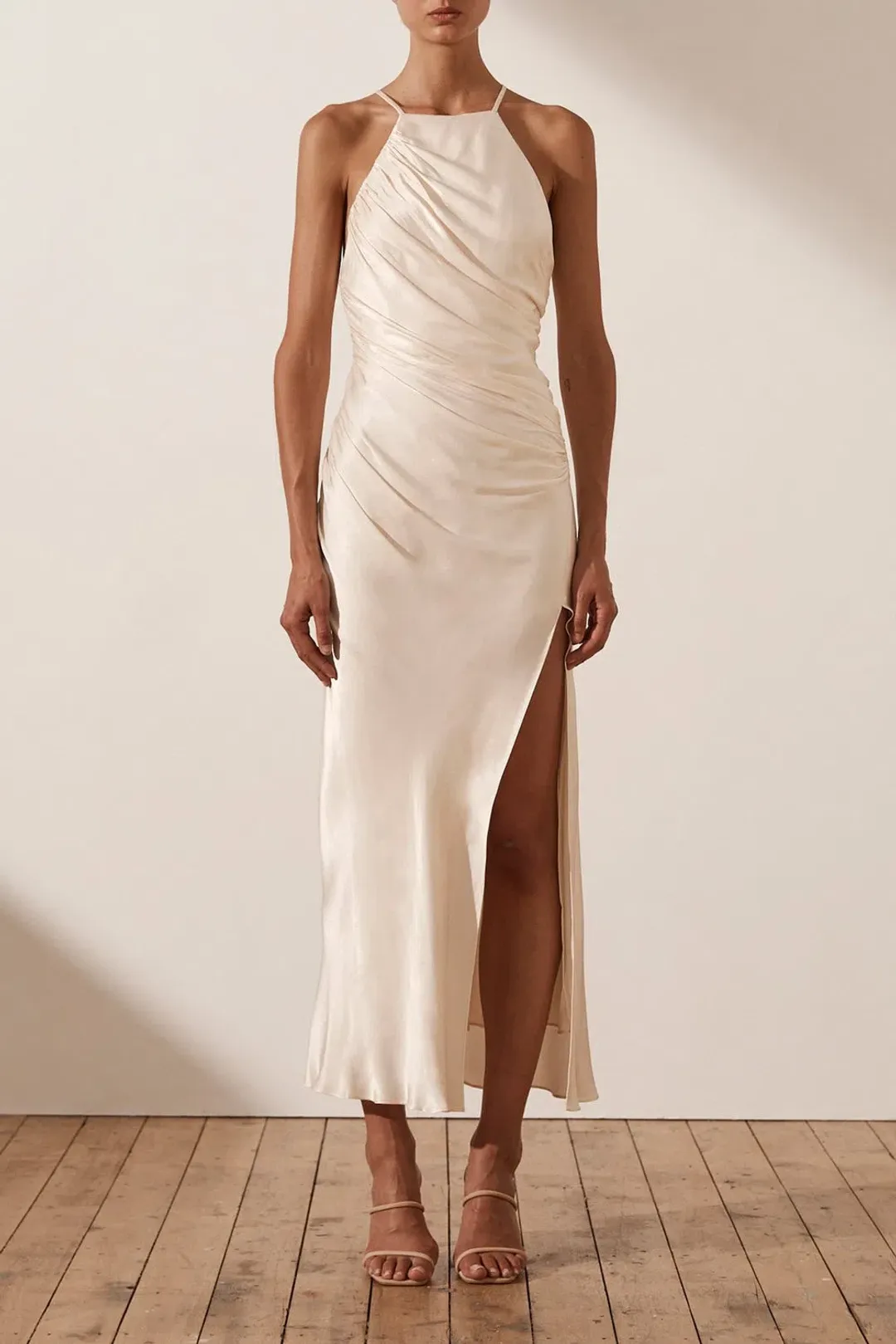 Shona Joy La Lune Gathered Square Neck Bias Midi Dress Cream Size 12 for rent on The Volte - main image