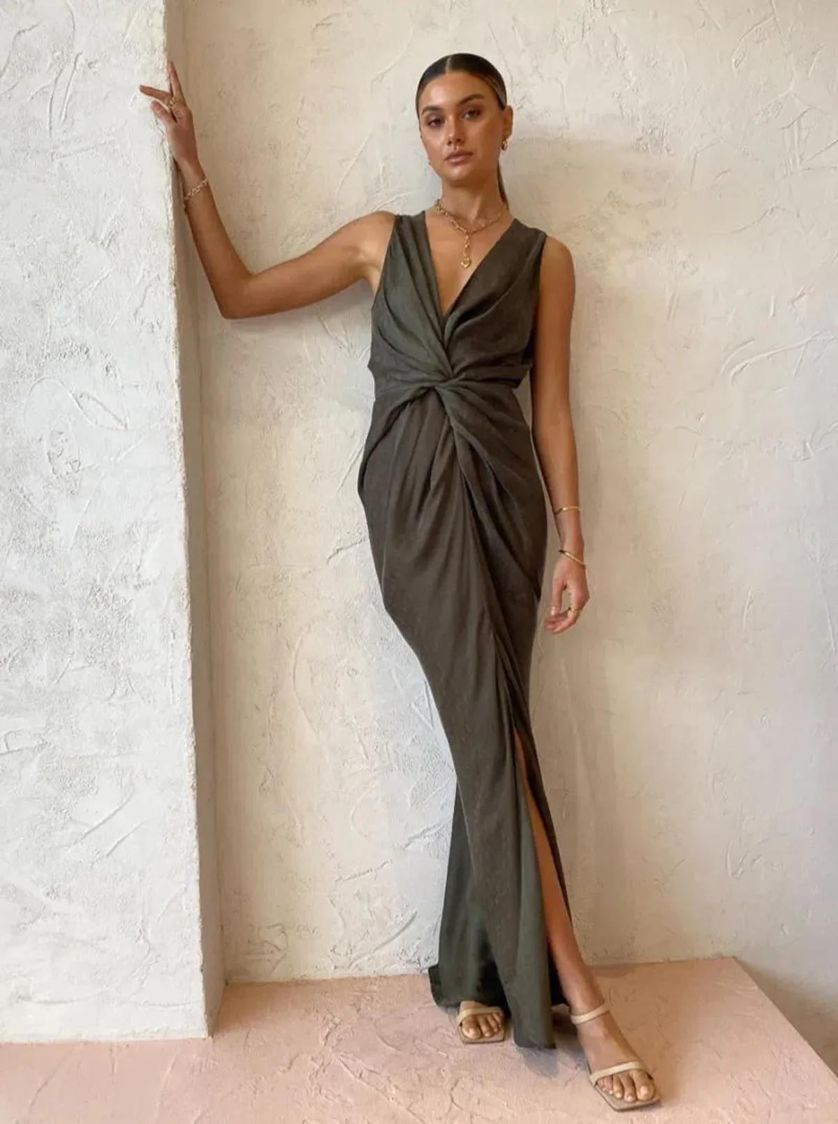 One Fell Swoop Gaia Maxi Dress in Lotus Suede Size 12  for rent on The Volte - main image