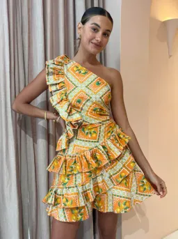 By Nicola Adrift Frill Mini Dress in Orange Mosaic Print Size 8 for rent on The Volte - image 2