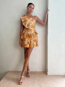 By Nicola Adrift Frill Mini Dress in Orange Mosaic Print Size 8 for rent on The Volte - image 1