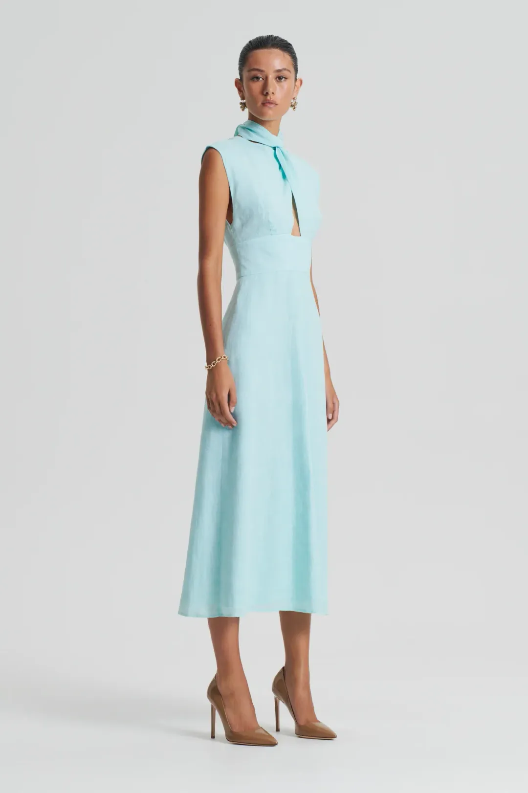 Scanlan Theodore Italian Linen Turban Twist Dress Midi Turquoise Size 10 for rent on The Volte - main image