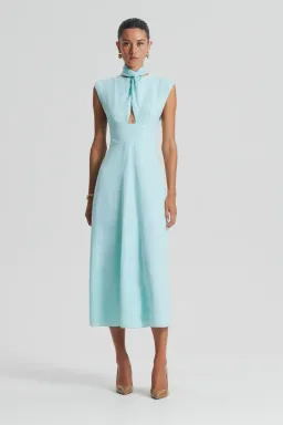 Scanlan Theodore Italian Linen Turban Twist Dress Midi Turquoise Size 10 for rent on The Volte - image 1