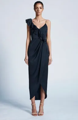 Shona Joy Luxe Asymmetrical Frill Dress Navy Size 6 for rent on The Volte - image 1