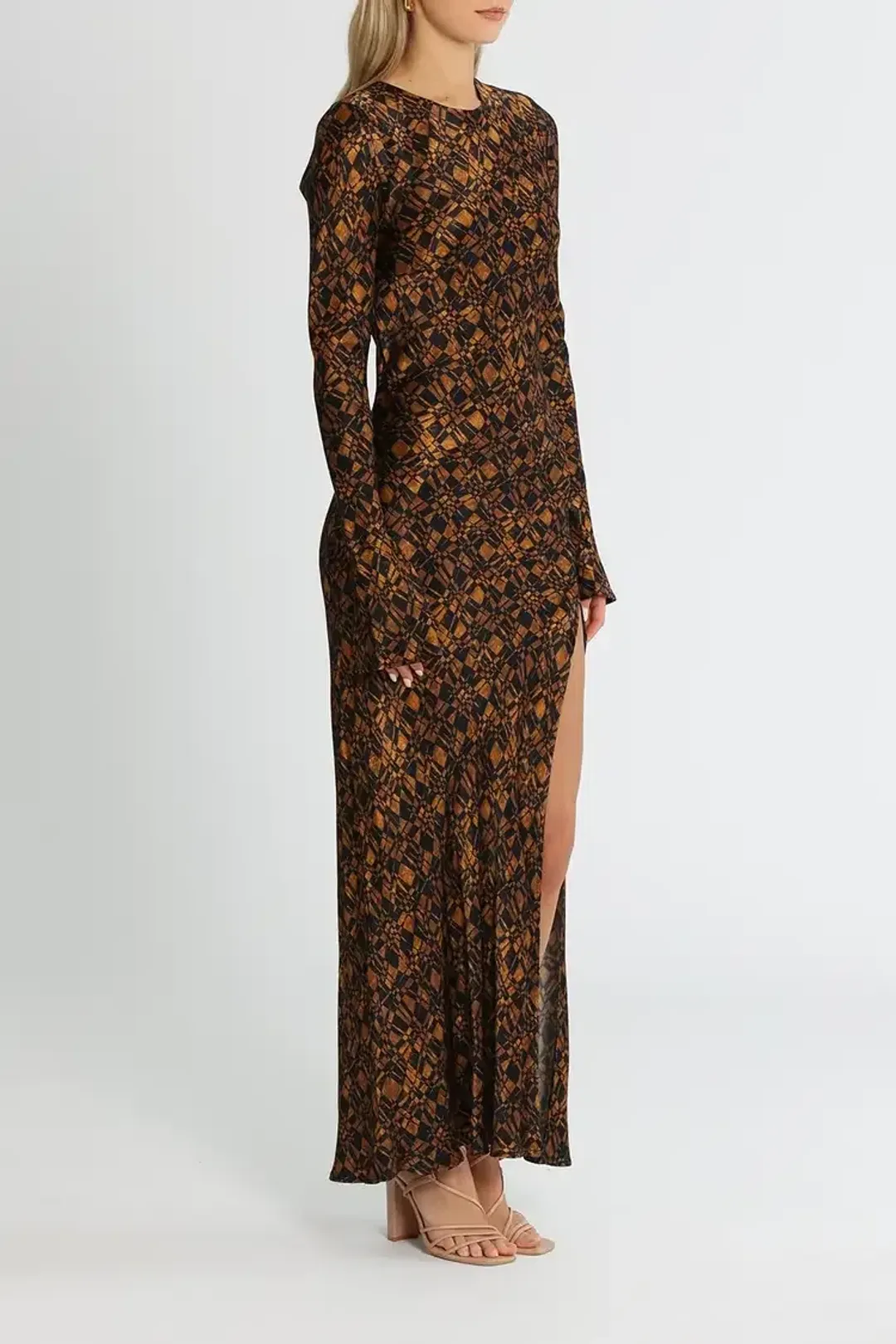 Bec and Bridge Checkmate Long Sleeve Maxi Dress in Brown Print Size 8 for rent on The Volte - main image